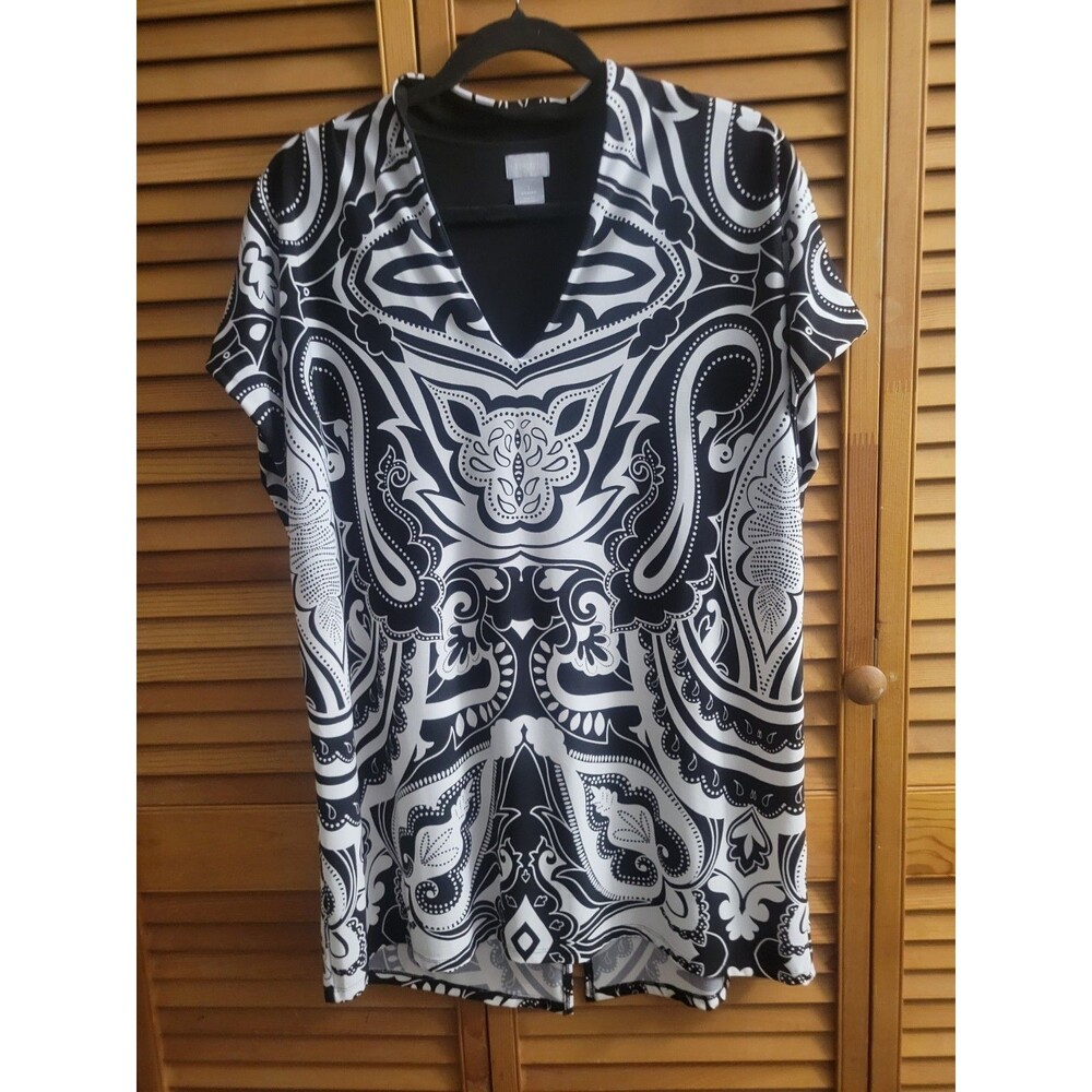 Y2K Careercore Classic Office Chico's Black & White Long Top W Back Slit Sz 1 1x